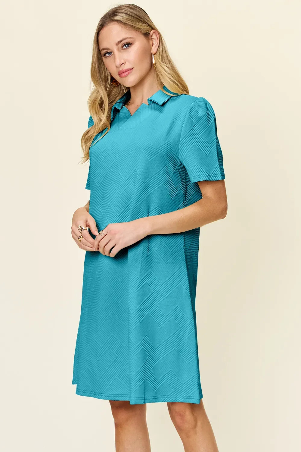 Double Take Textured Collared Short Sleeve Dress
