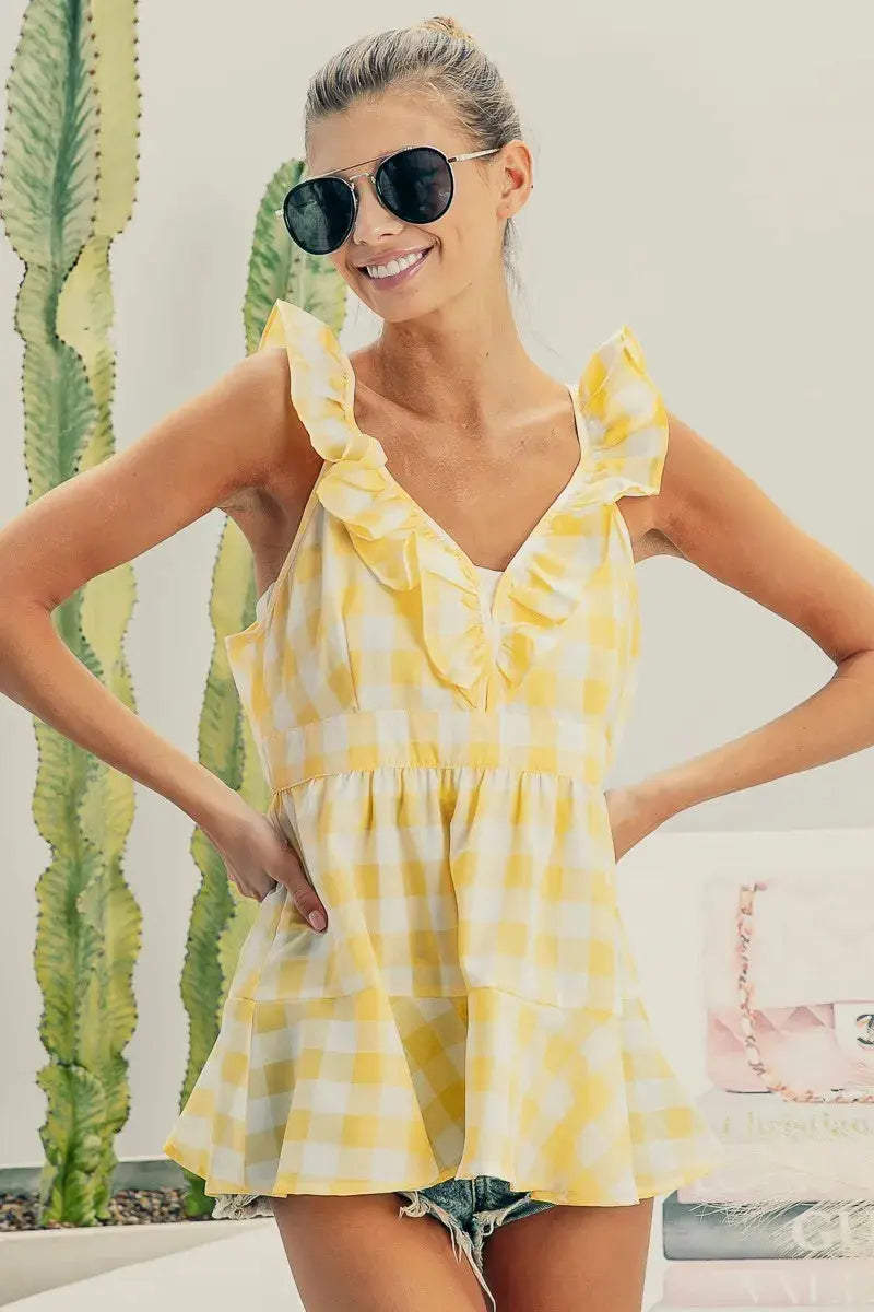 Plaid Peplum Top - Ruffled Sleeveless Tank - Cute Women's Style