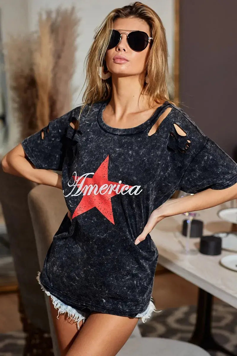 Women's Top - Laser Cut Mineral Wash - Jersey T-Shirt