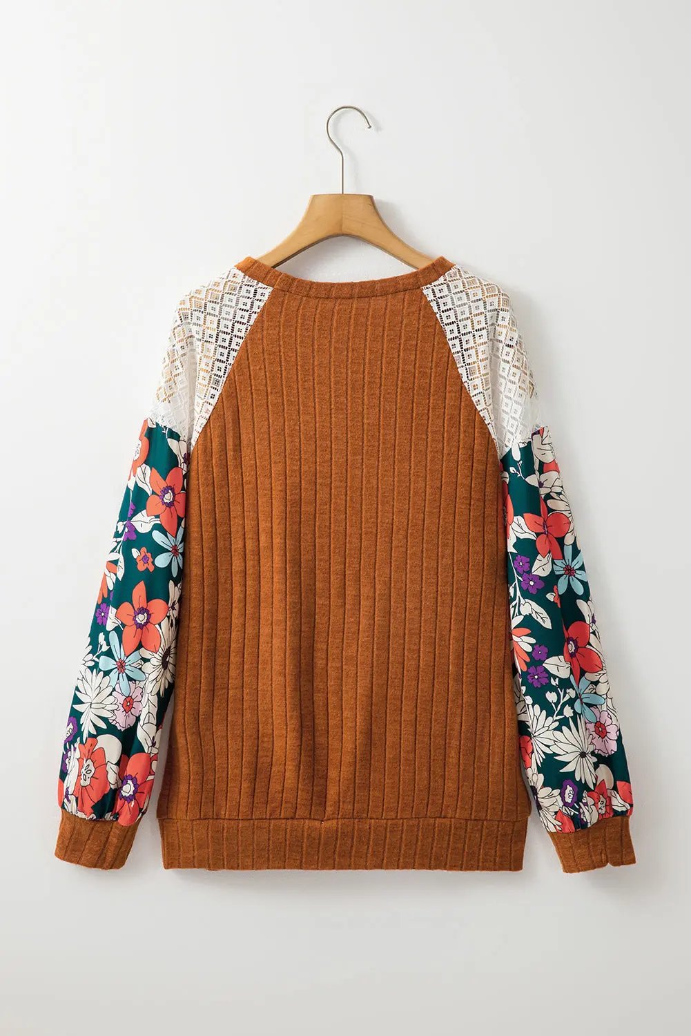 Blouse - Patchwork Ribbed Long Sleeve Floral Top