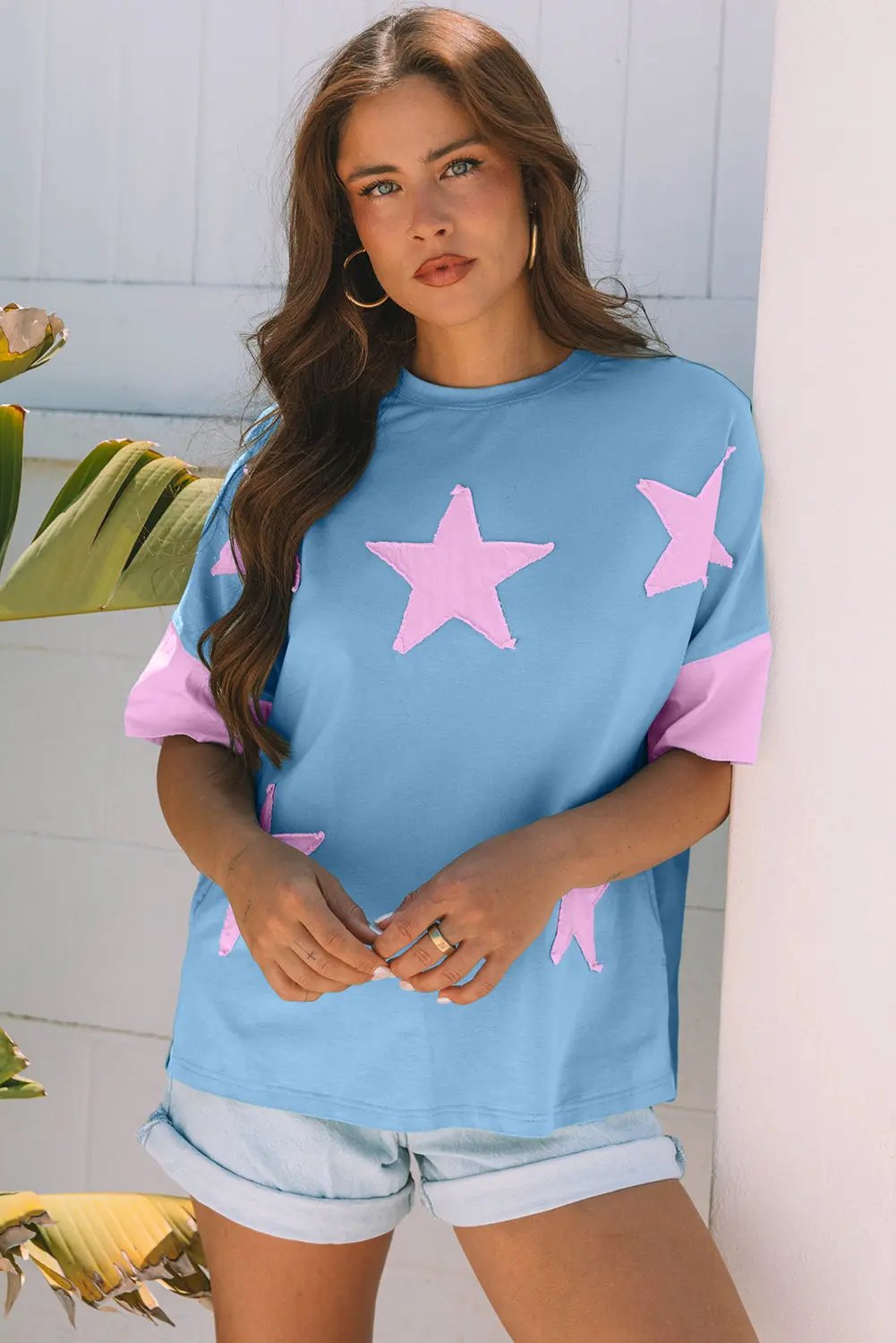 T-Shirt - Denim Star Print - Oversized Casual