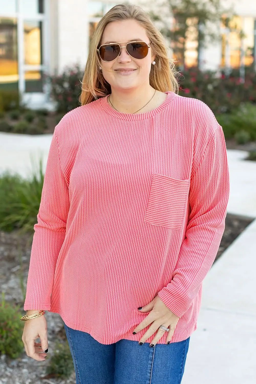 Love Salve Peach Blossom Ribbed Tee Plus Size Women's Versatile Top - Chic & Fashionable