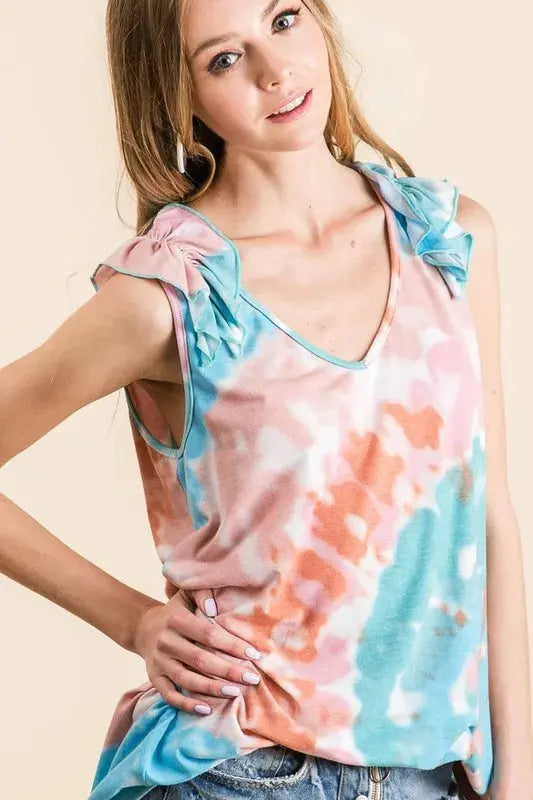 Women's Tank Top - Tie Dye Knit V-Neck Ruffle - Casual
