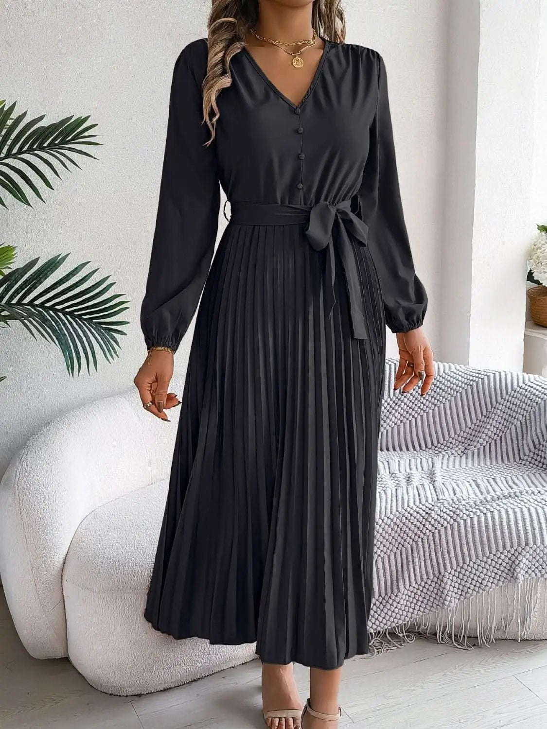 Trendsi V-Neck Dress Women's Elegant Long Sleeve Sheer Tie Dress Fashion