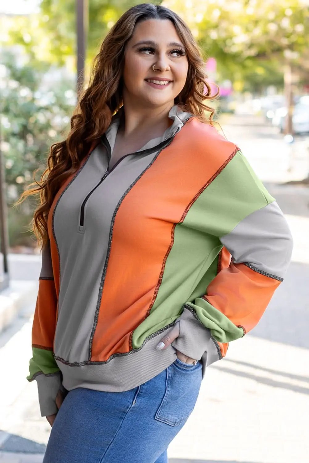 Love Salve Grey Colorblock Women's Half Zip Sweatshirt Cozy Fit Stitch Detail