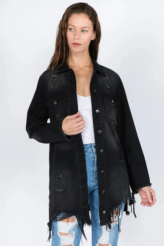 Denim Jacket - Distressed Frayed Hem - Edgy Casual Style