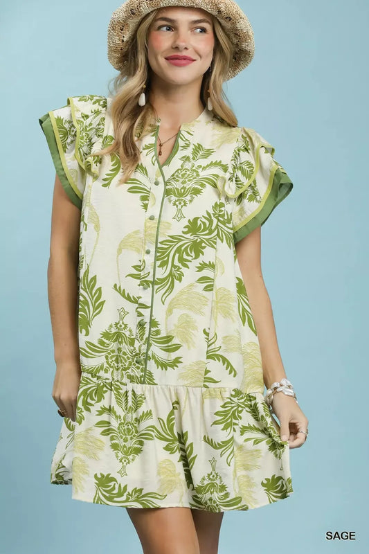 Umgee Toile Print Button-Front Placket Mini Dress with Dropped Ruffle Hem