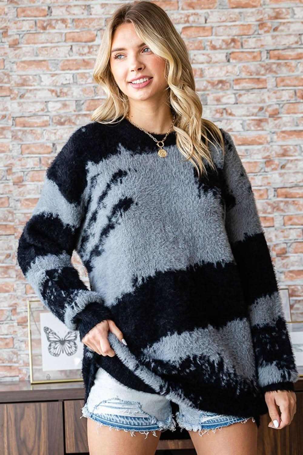 Trendsi Feather Yarn Sweater Women's Fall/Winter Cozy Warm Knit Top