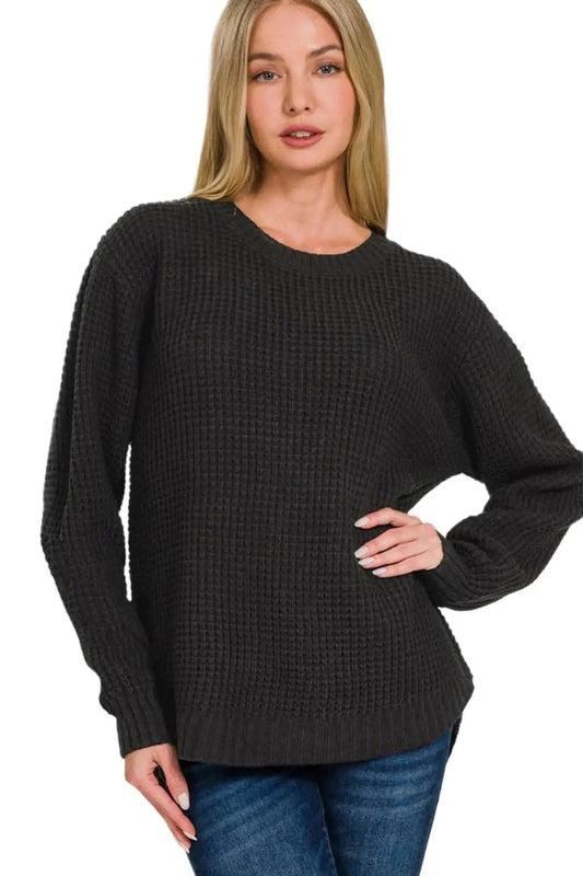 Sweater - High Low Waffle Knit - Casual Comfort