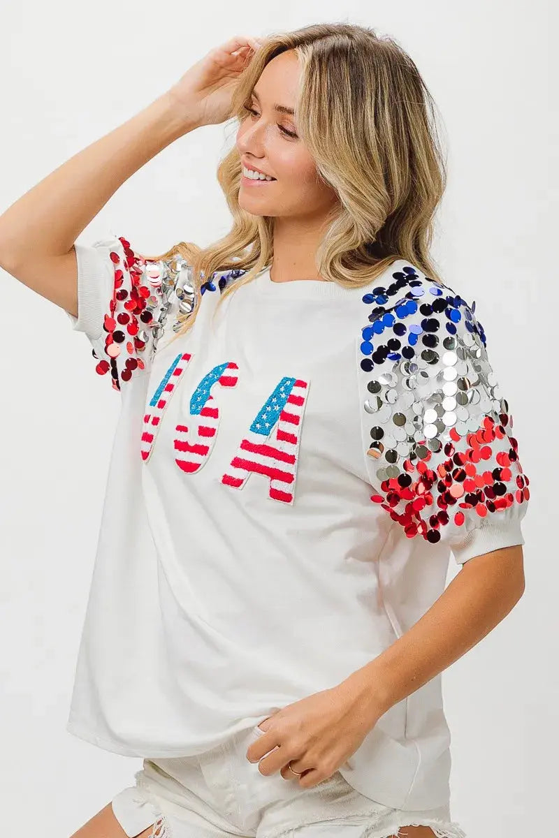 Women's Tee - Sequin American Flag - Patriotic USA Made