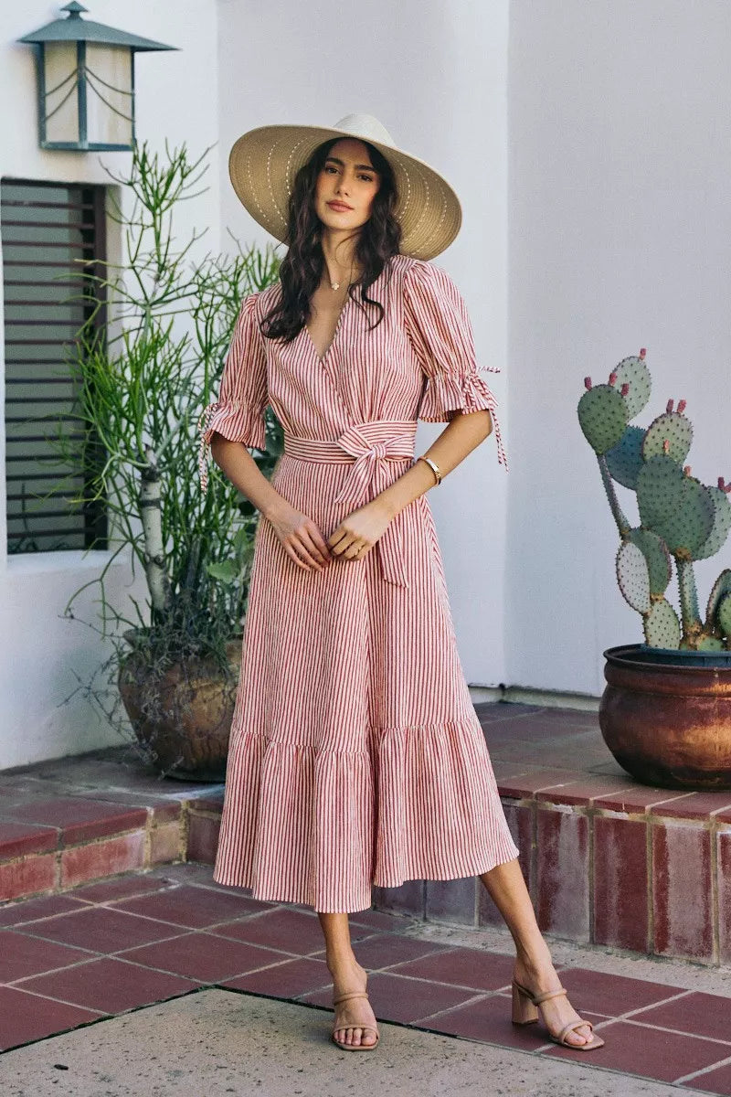 SO ME Stripe Textured Short Sleeves Lined Wrap Midi Dress