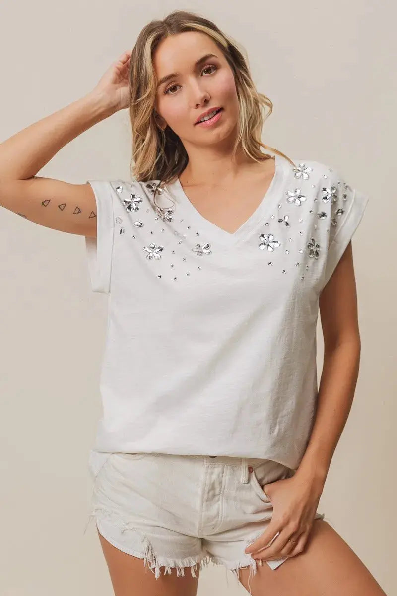 Women's Top - Slub Rhinestone V-Neck - Comfy Fit