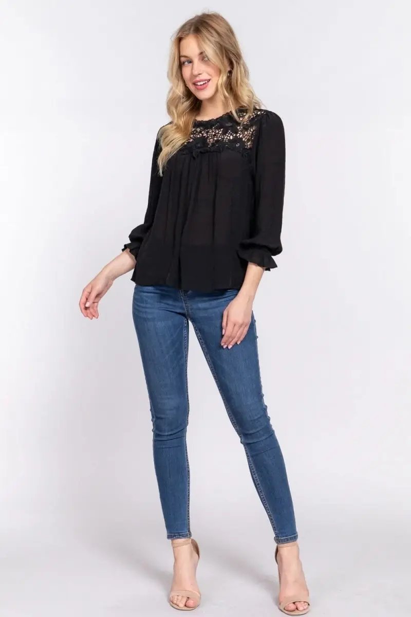 Crochet Lace Panel Blouse - Flounce Sleeve Fashion Top