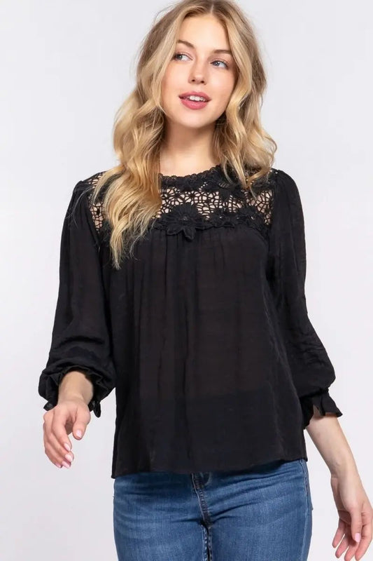 Crochet Lace Panel Blouse - Flounce Sleeve Fashion Top