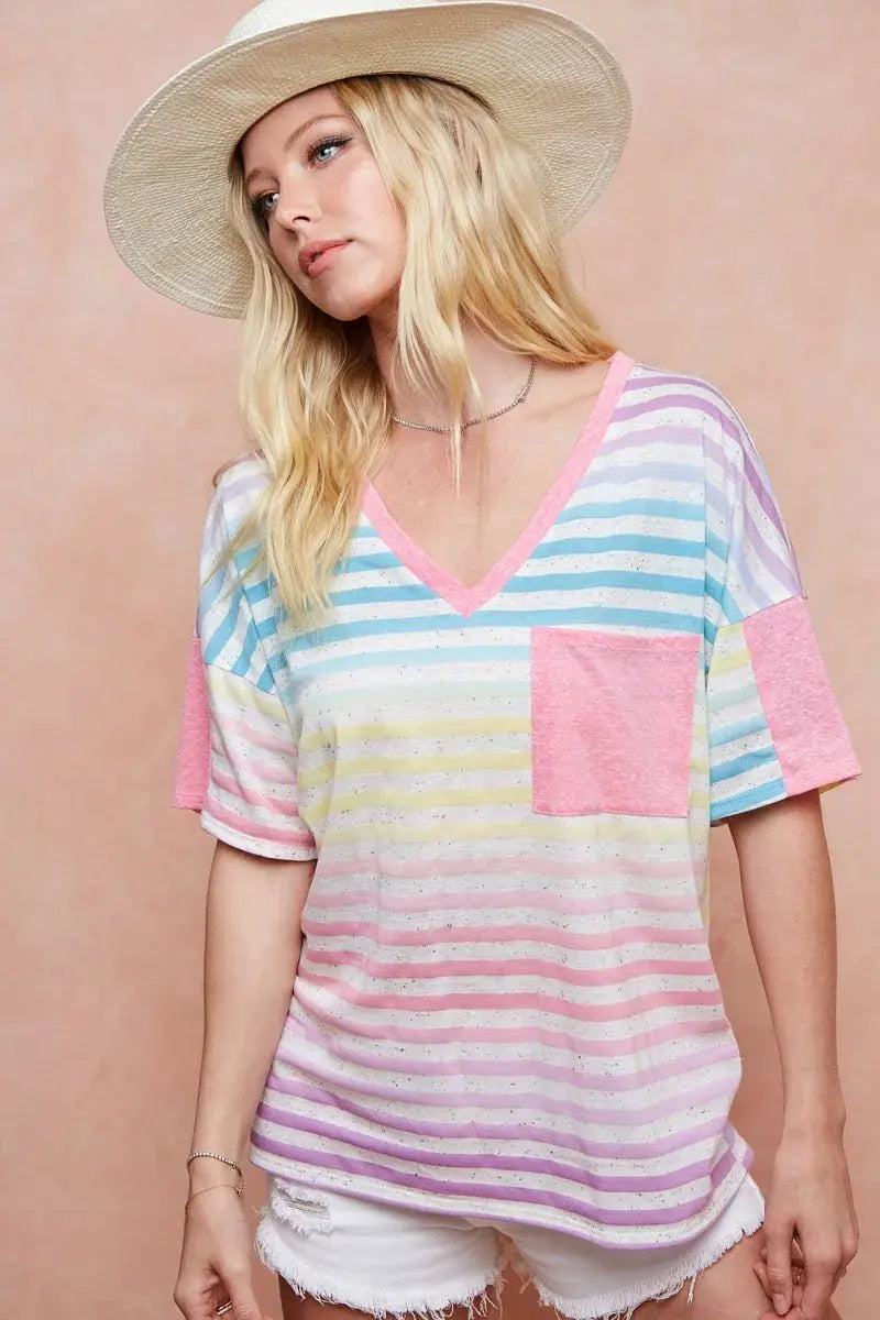 Women's Tee - Rainbow Stripe - Casual Knit Top