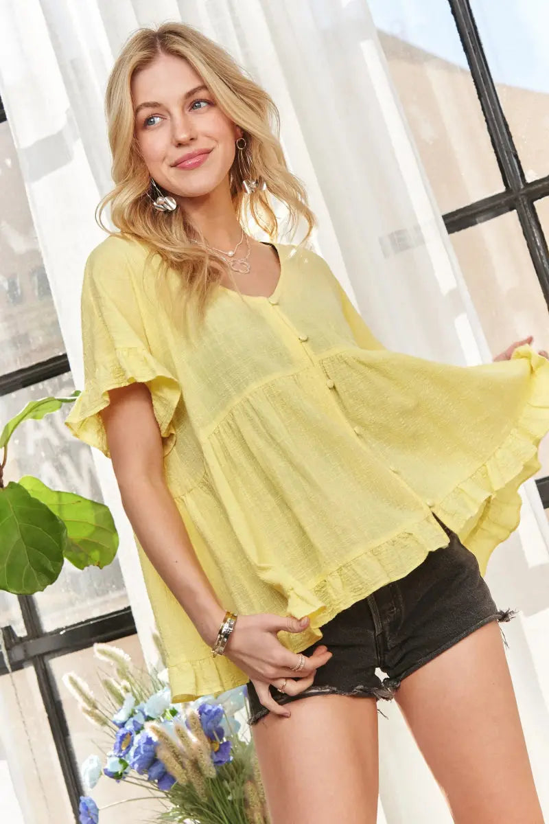 Trendsi ADORA Yellow Babydoll Blouse Small