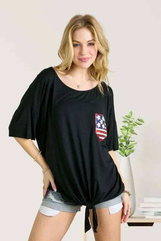 Top - Sequin US Flag Pocketed - Patriotic Style