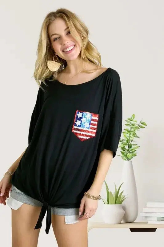 Top - Sequin US Flag Pocketed - Patriotic Style