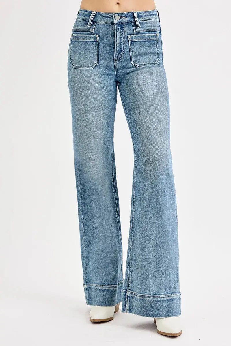 Jeans - High Rise Plus Size Patch Pocket - Wide Flare Denim