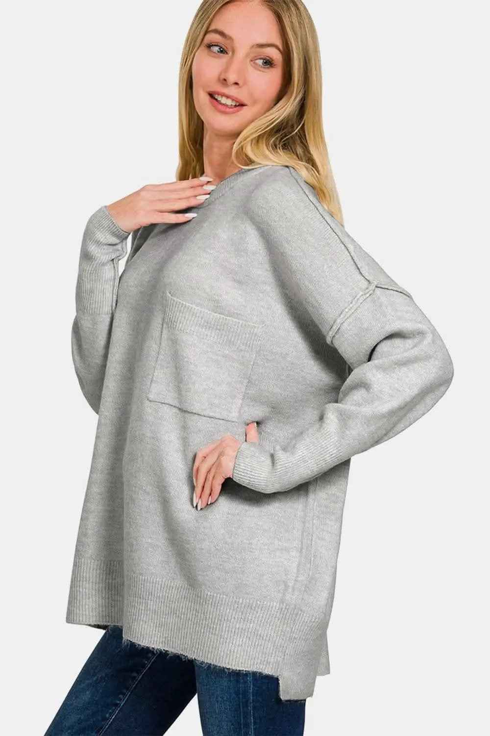 Trendsi Zenana high-low sweater with pockets