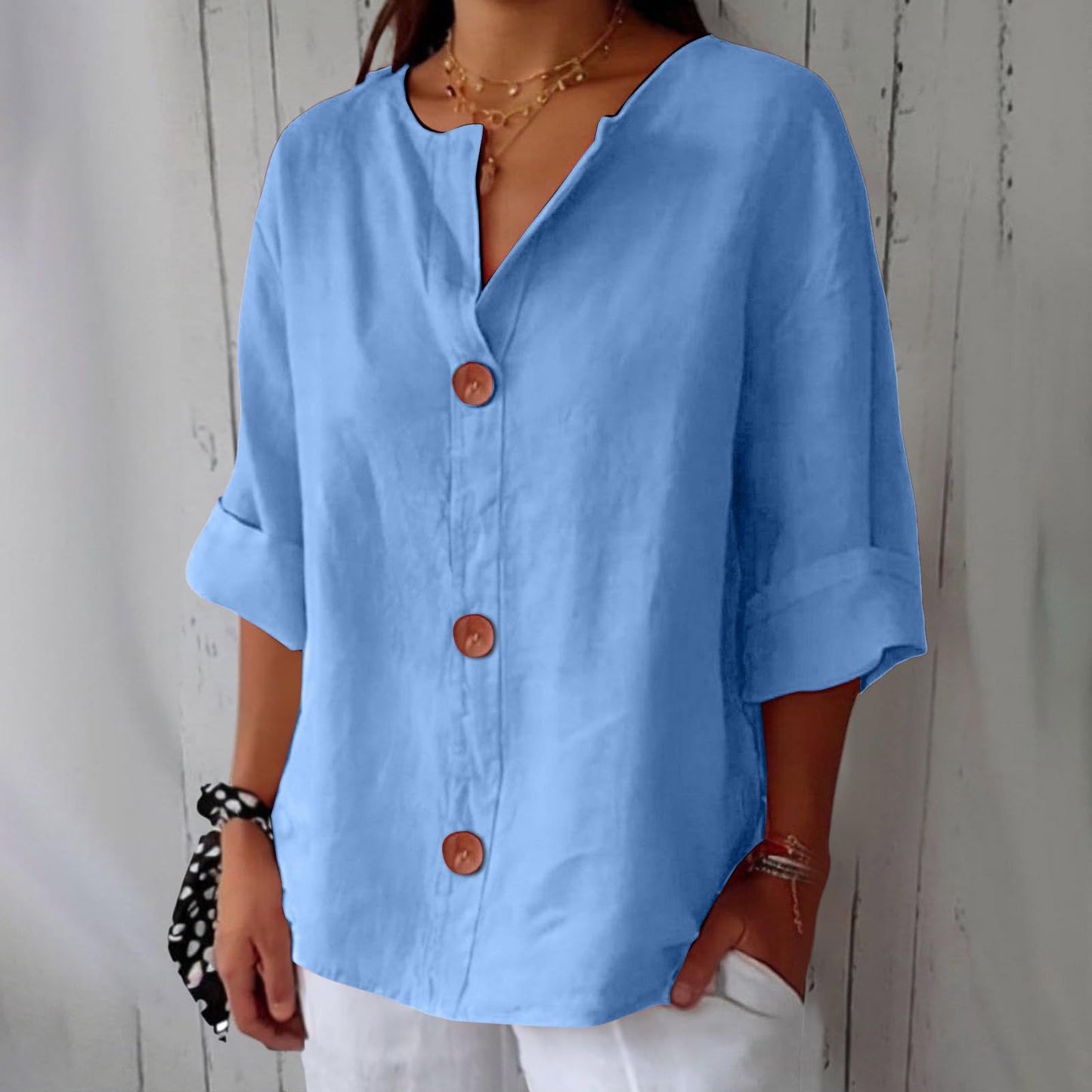 Women's V-Neck Cotton Linen Buttoned Blouse