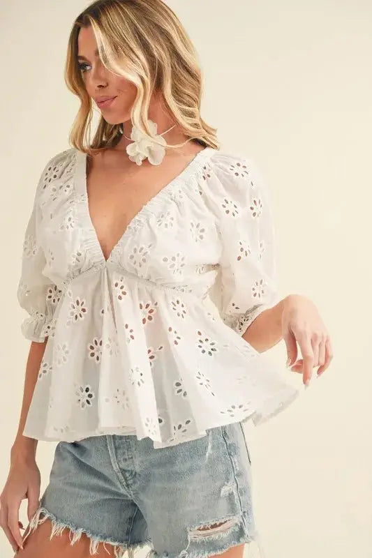 Trendsi Aemi + Co Eyelet Embroidered V-Neck Peplum Blouse - Apparel & Accessories