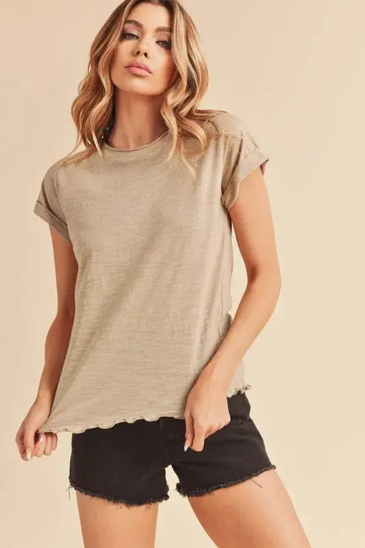 Trendsi Aemi + Co Lettuce Edge T-Shirt Oatmeal Small
