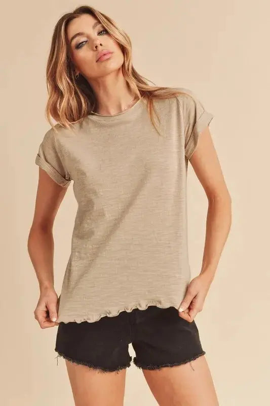 Trendsi Aemi + Co Lettuce Edge T-Shirt Oatmeal Small