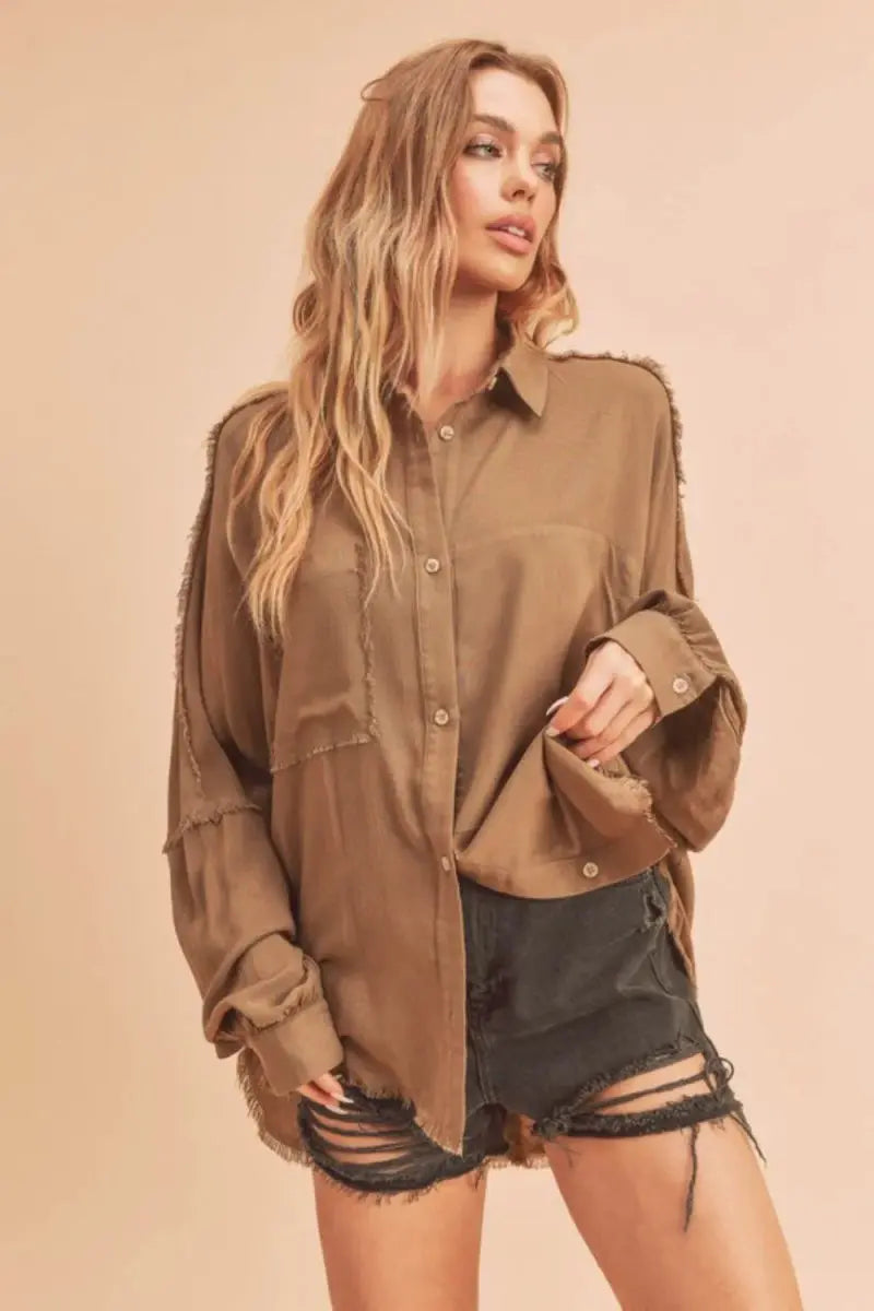 Trendsi Aemi + Co Raw Edge Collared Shirt Camel Medium