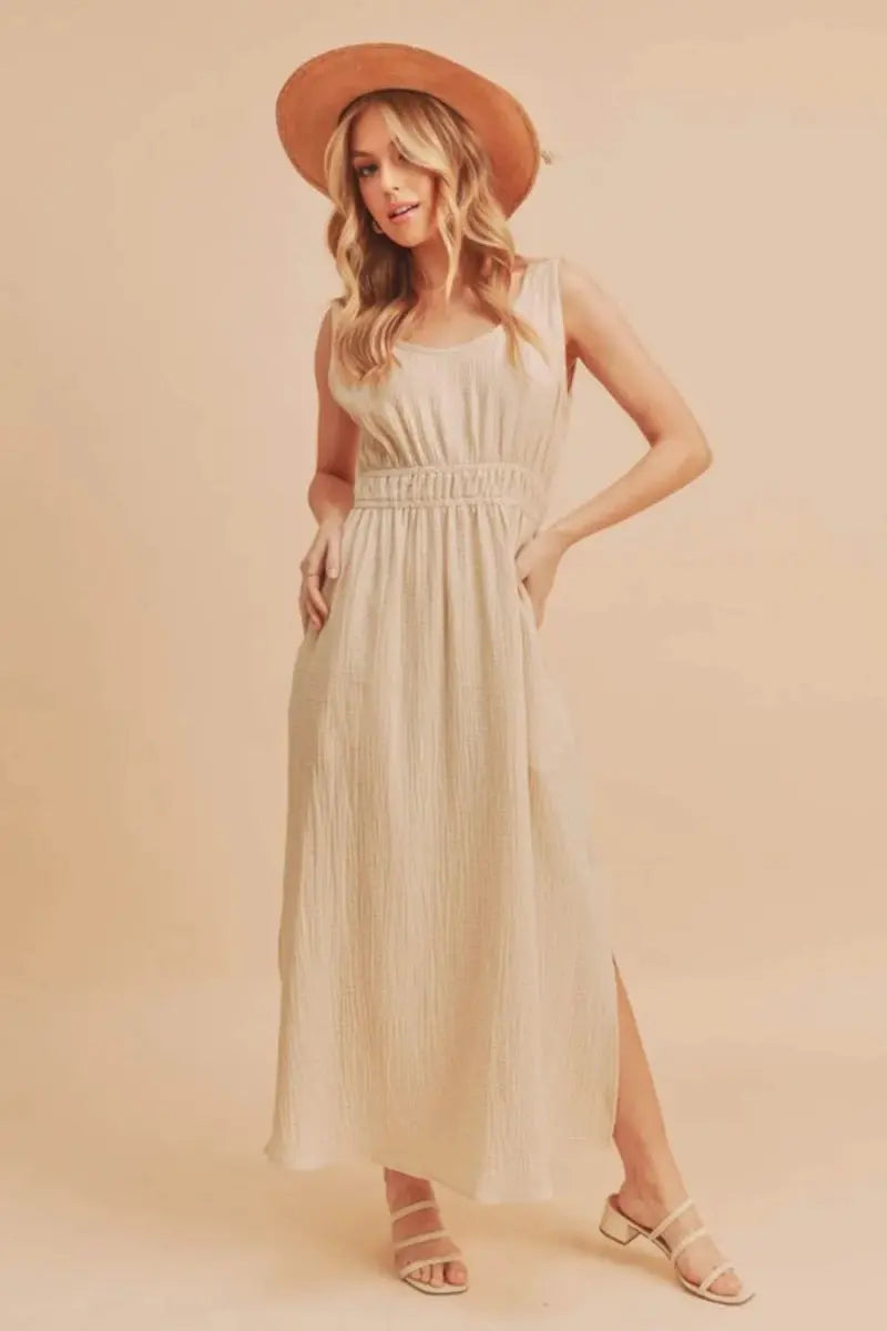 Sleeveless Tank Dress - Side Slit, Round Neck - Casual