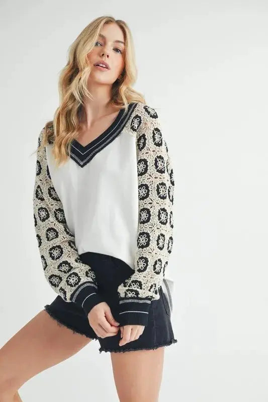 Trendsi Aemi+Co Crochet V-Neck Top Ivory Small