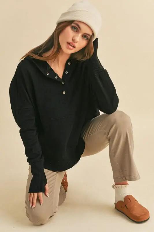 Hoodie - Half Snap Dropped Shoulder - Relaxed Fit