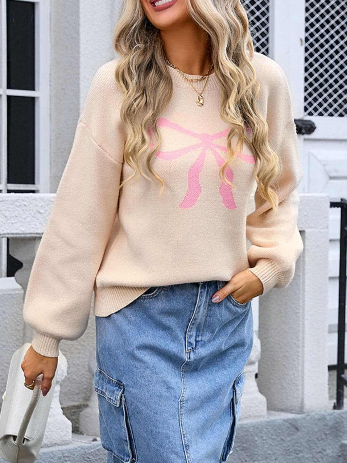 Trendsi Charming bow print long sleeve sweater