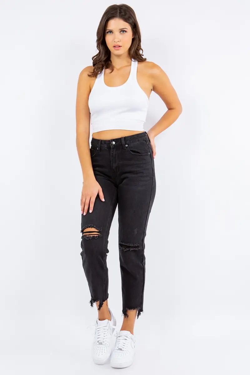 Trendsi American Bazi High Waist Black Cropped Jeans Small