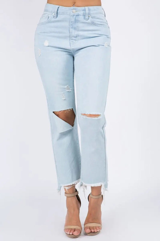 Women's Jeans - High Waist Distressed Raw Hem - Denim