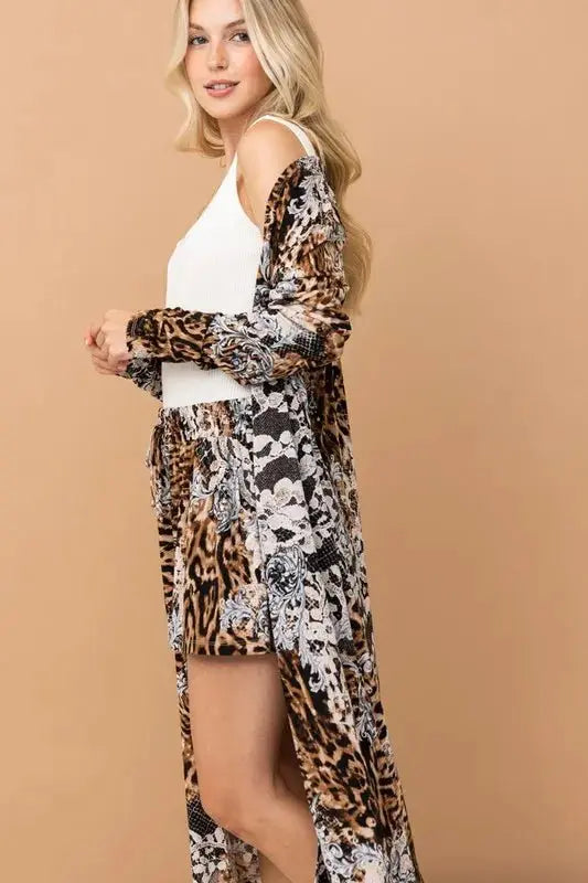 Kimono & Shorts Set - Animal Print - Women's Loungewear