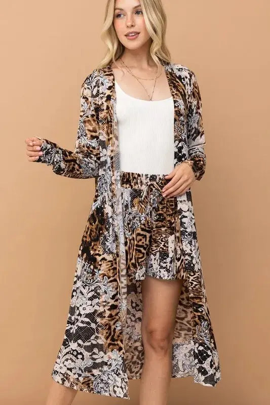 Kimono & Shorts Set - Animal Print - Women's Loungewear
