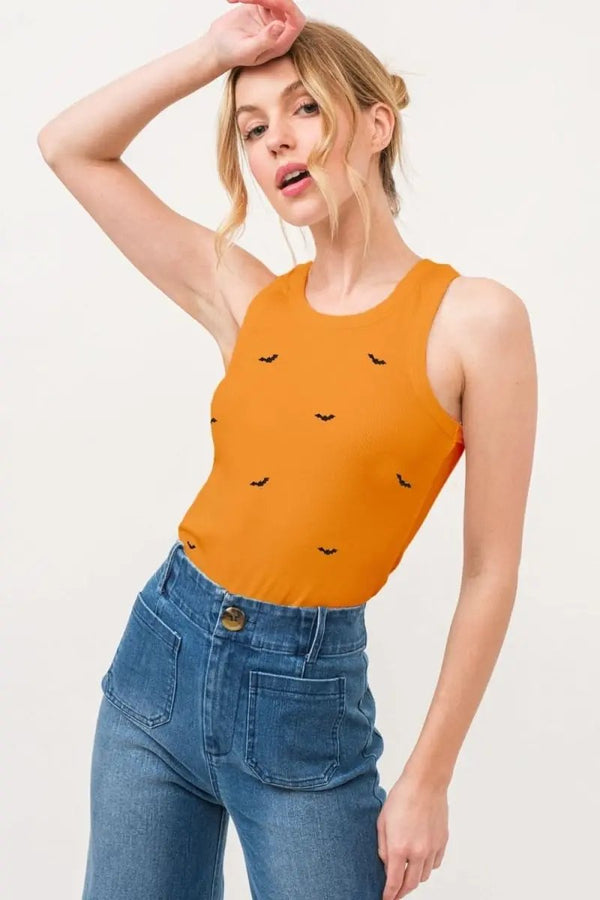 Tank Top - Bat Embroidered Ribbed - Women's Casual