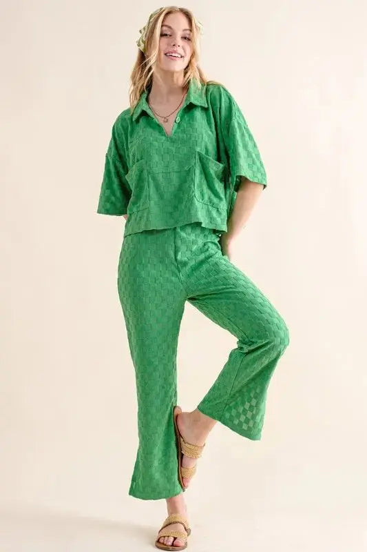 Trendsi And The Why Checkerboard Pants Green Small Brushed Texture