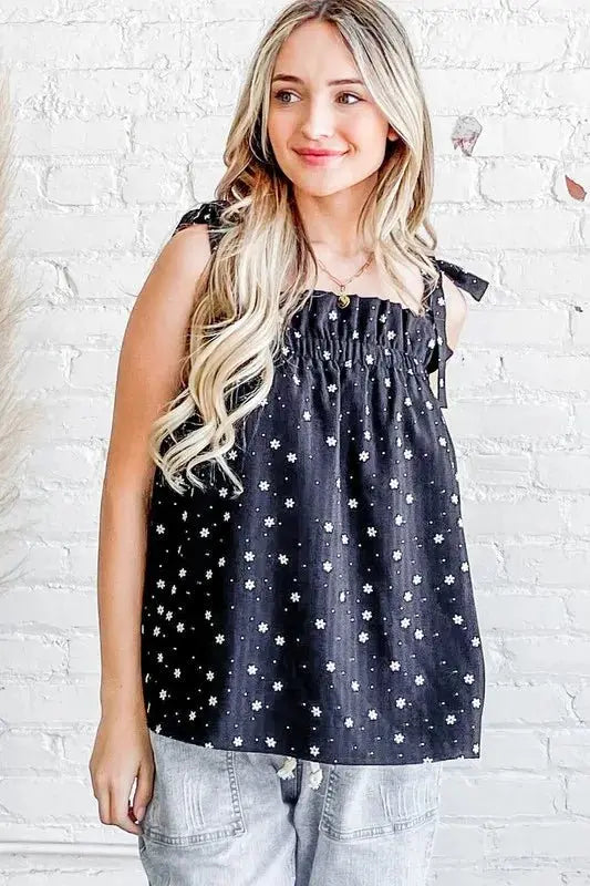 Trendsi Daisy Polka Dot Ruffle Tank Top - Black - Small