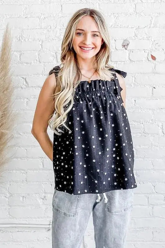 Trendsi Daisy Polka Dot Ruffle Tank Top - Black - Small