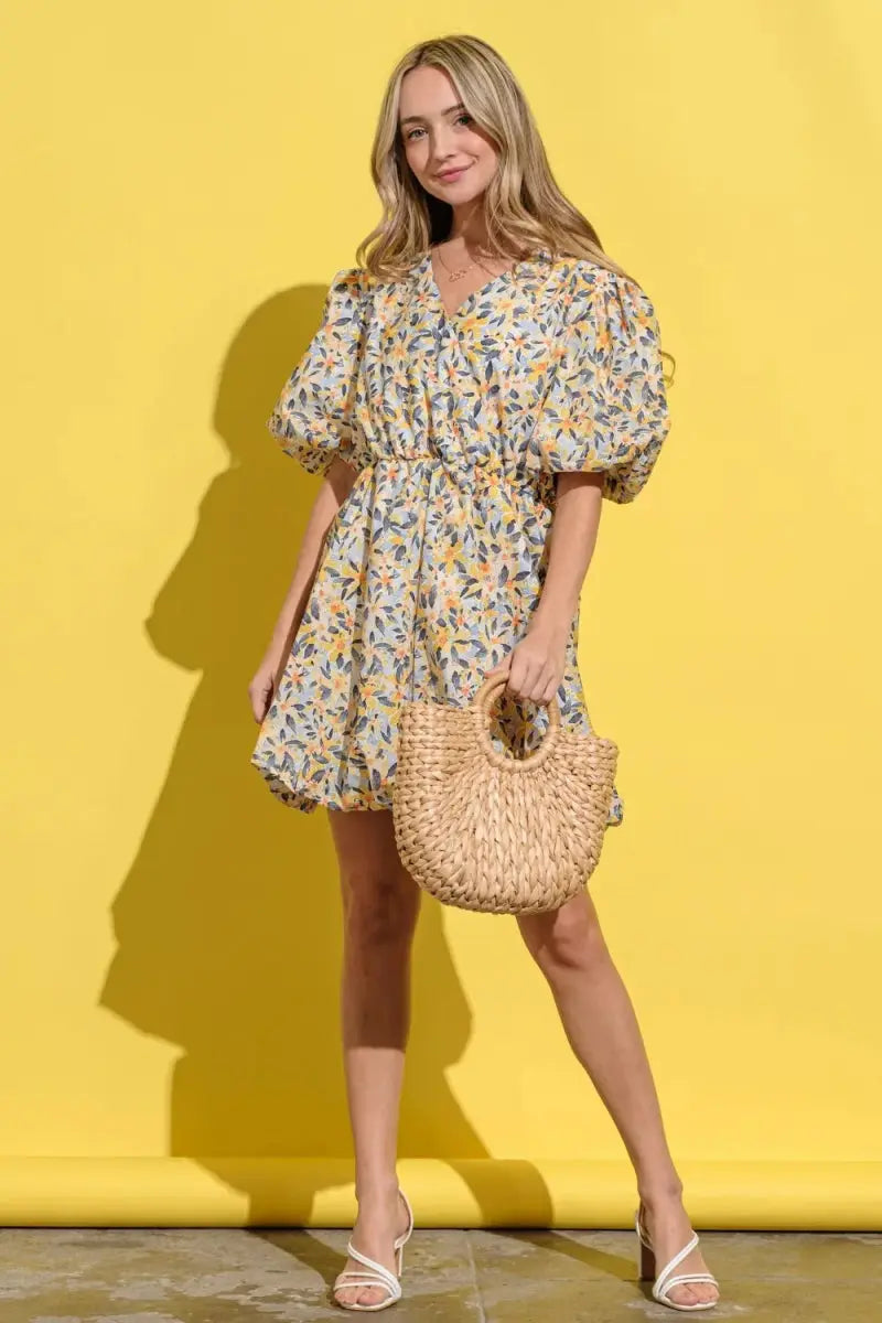 Trendsi Floral Surplice Puff Sleeve Dress - Full Size, Elegant V-Neck, Long Sleeves, Casual to Formal Wear