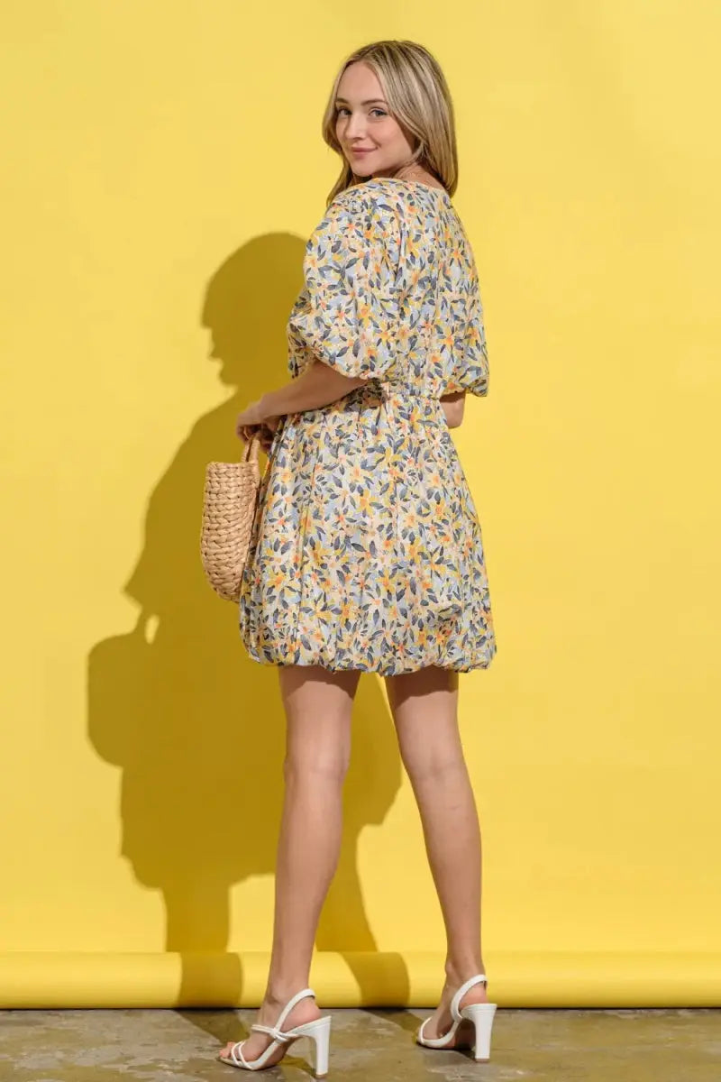 Trendsi Floral Surplice Puff Sleeve Dress - Full Size, Elegant V-Neck, Long Sleeves, Casual to Formal Wear