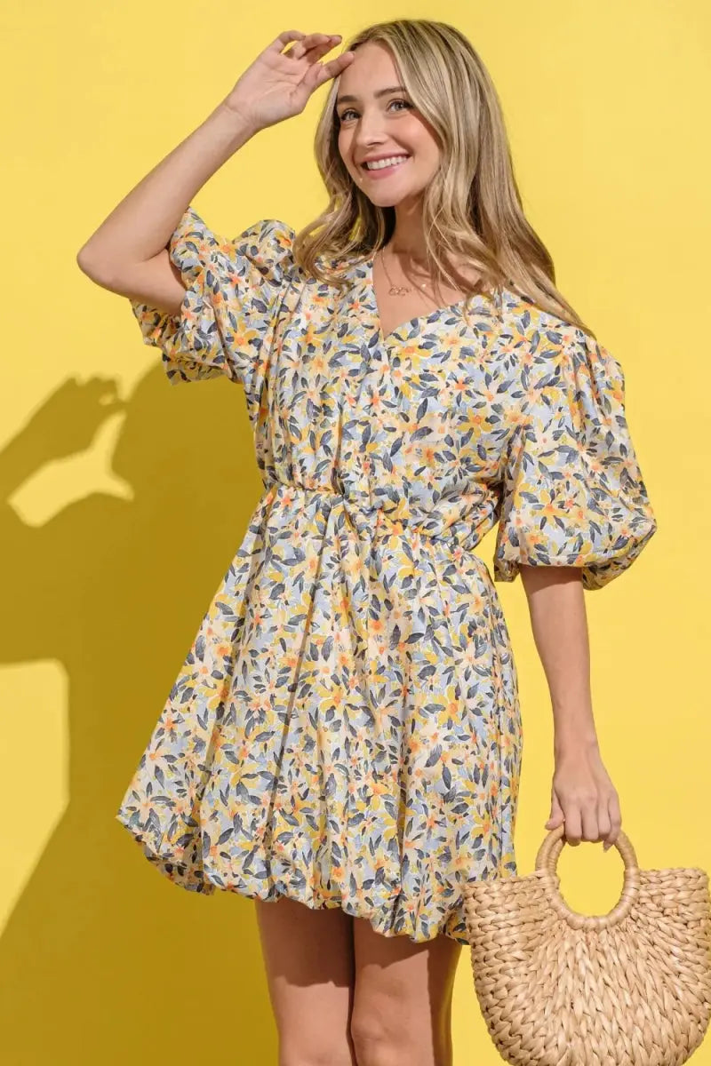 Trendsi Floral Surplice Puff Sleeve Dress - Full Size, Elegant V-Neck, Long Sleeves, Casual to Formal Wear