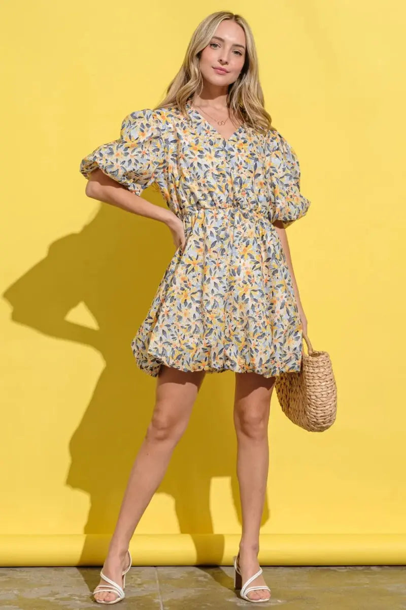 Trendsi Floral Surplice Puff Sleeve Dress - Full Size, Elegant V-Neck, Long Sleeves, Casual to Formal Wear
