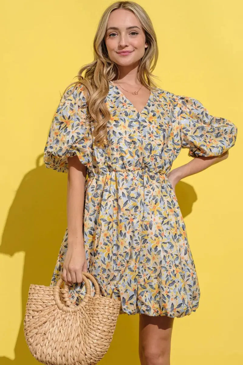 Trendsi Floral Surplice Puff Sleeve Dress - Full Size, Elegant V-Neck, Long Sleeves, Casual to Formal Wear
