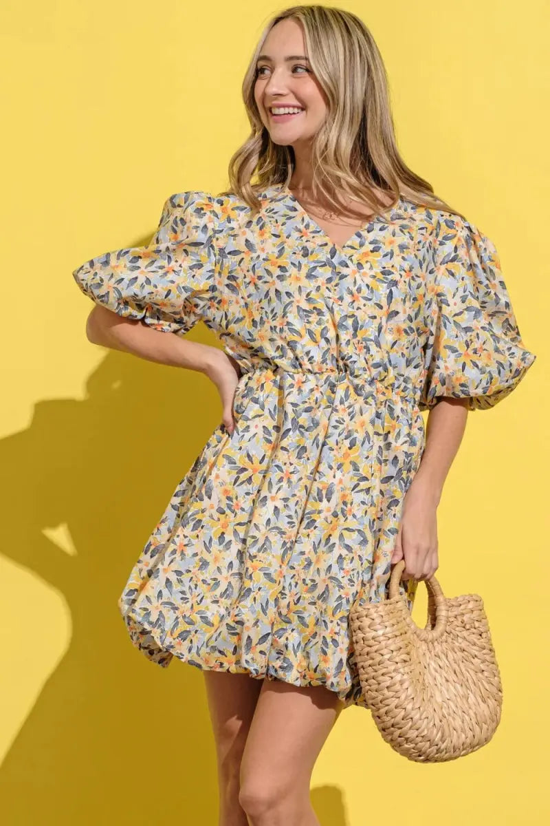 Trendsi Floral Surplice Puff Sleeve Dress - Full Size, Elegant V-Neck, Long Sleeves, Casual to Formal Wear