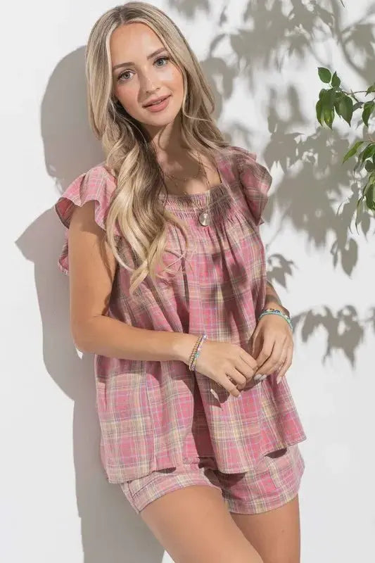Trendsi And The Why Plaid Print Smocked Ruffle Baby Doll Top - Women's Shirts & Tops