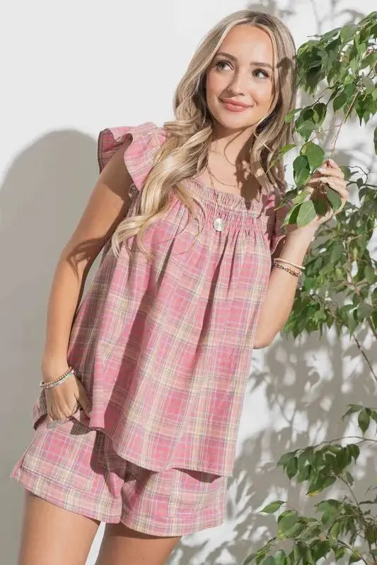 Trendsi And The Why Plaid Print Smocked Ruffle Baby Doll Top - Women's Shirts & Tops