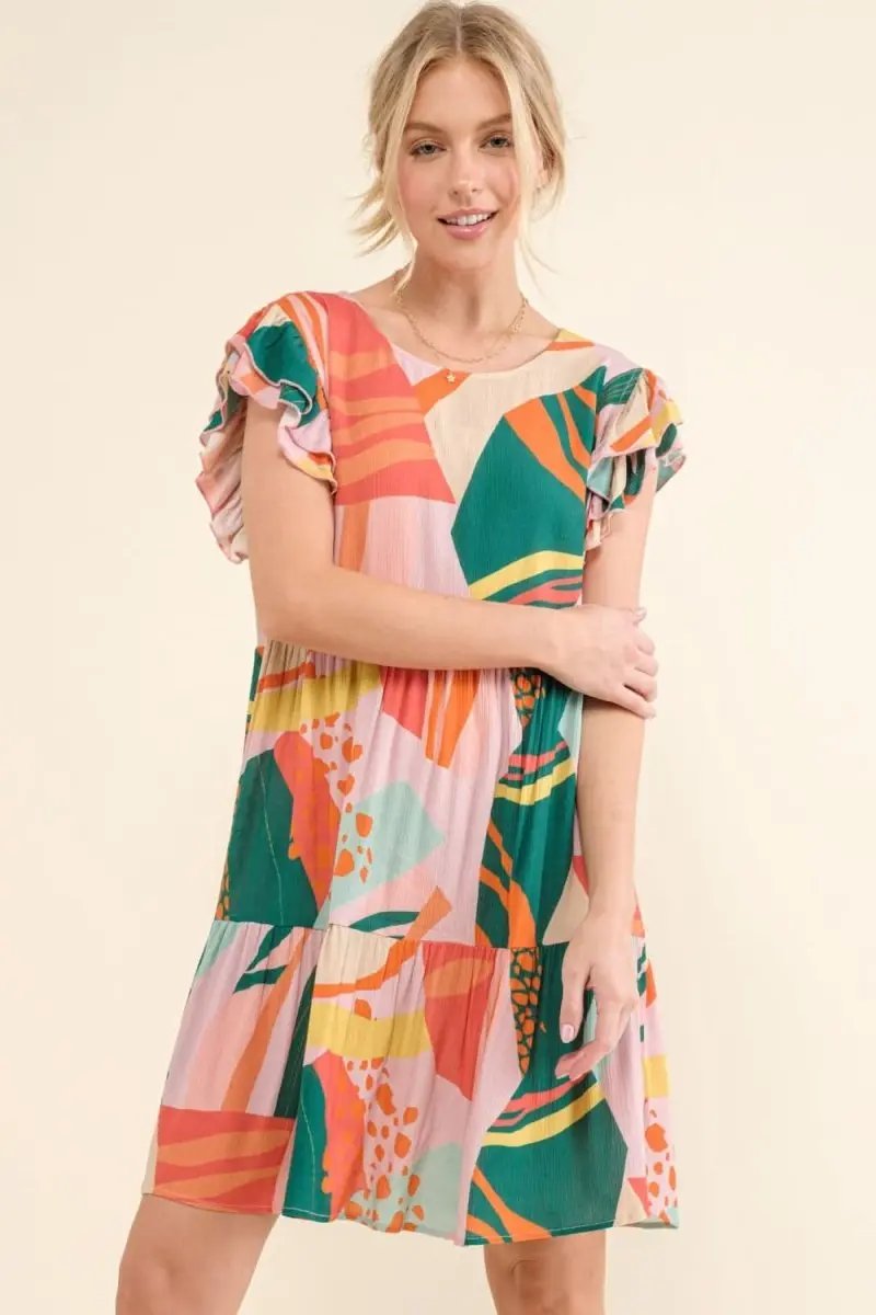 Lovesalve WS And The Why Printed Double Ruffle Sleeve Dress